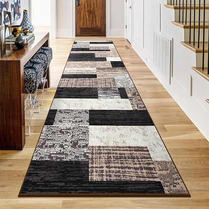 Indoor Runner Rug, Washable Runner Rug with Rubber Backing, Modern Geometric Patchwork Aesthetic Carpet for Bedroom, Living Room, Hallway, Entryway, Washable Rugs Rockwood Collection,2.7x8Ft Chocolate