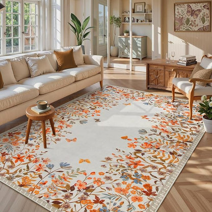 Wonnitar Floral Washable Area Rug 4x6 Halloween Rug, Non-Slip Soft Fall Rugs for Bedroom, Low Pile Botanical Nursery Rug Carpet for Bedside Kids Room Dorm Decor (Orange,4'x6')