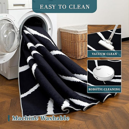 YIHOUSE Abstract Washable Rug 5x7,Ultra Thin Non Slip Black Rugs for Living Room,Modern Minimalist White Stripe Rugs for Bedroom,Dining Room Office Playroom (5'x7',Black-2)