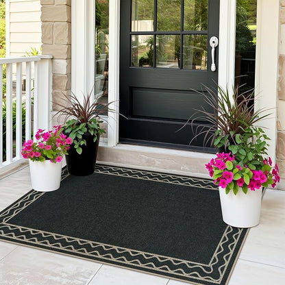 OJIA Easy Jute Front Door Mats Outdoor Rug 3x5 Washable Rugs for Entryway, Wavy Border Black Indoor Outdoor Rugs Non-Slip Doormat Entry Rugs Farmhouse Area Rug for Porch Outside Kitchen Living Room