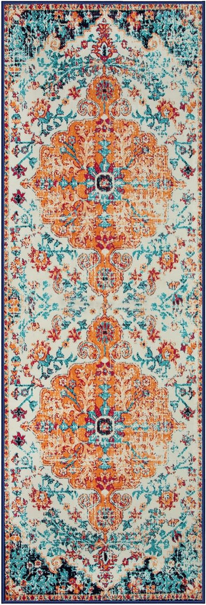 Lahome Bohemian Floral Medallion Runner Rug - 2'8" x 8' Oriental Distressed Hallway Runner Rug Country Vintage Washable Non-Slip Laundry Carpet Soft Low-Pile Indoor Mat for Entryway Bedside Decor