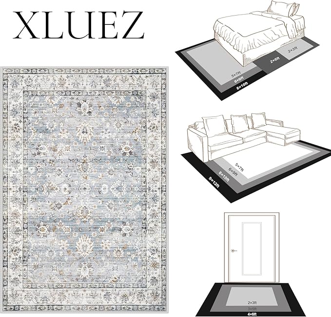 Area Rug 10x12 Living Room Rugs, Machine Washable Vintage Distressed Boho Area Rug Non-Slip Soft Low Pile Large Indoor Rugs for Bedroom Kitchen Dining Room Office(Light Blue,10'x12')