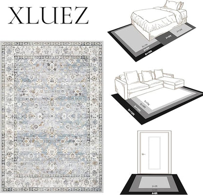 Area Rug 10x12 Living Room Rugs, Machine Washable Vintage Distressed Boho Area Rug Non-Slip Soft Low Pile Large Indoor Rugs for Bedroom Kitchen Dining Room Office(Light Blue,10'x12')