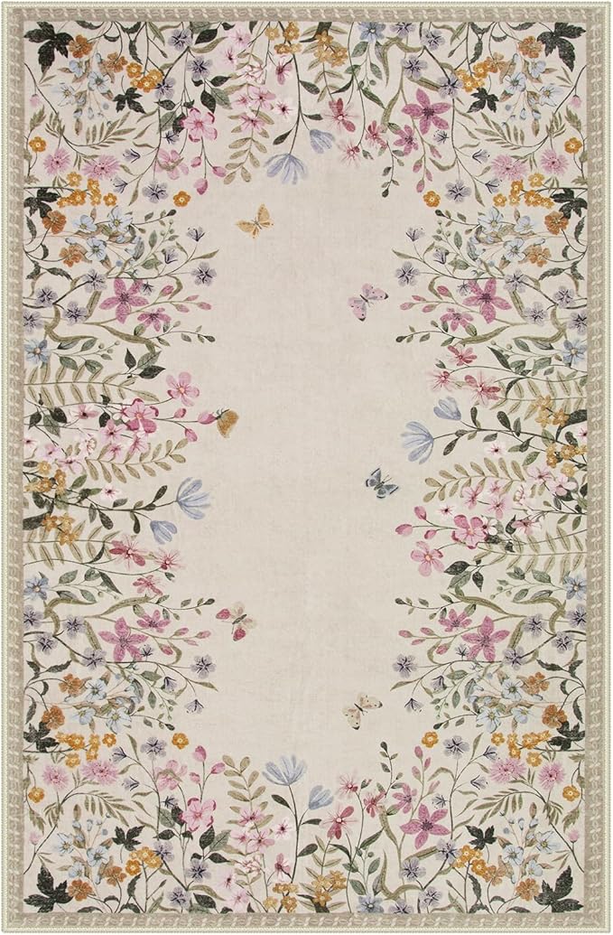 Wonnitar Washable 6x9 Area Rugs, Large Living Room Rug, Non-Slip Soft Floral Rugs for Bedroom, Botanical Area Rug Carpet for Dining Room Guest Room (Beige,6'x9')
