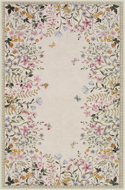 Wonnitar Washable 6x9 Area Rugs, Large Living Room Rug, Non-Slip Soft Floral Rugs for Bedroom, Botanical Area Rug Carpet for Dining Room Guest Room (Beige,6'x9')