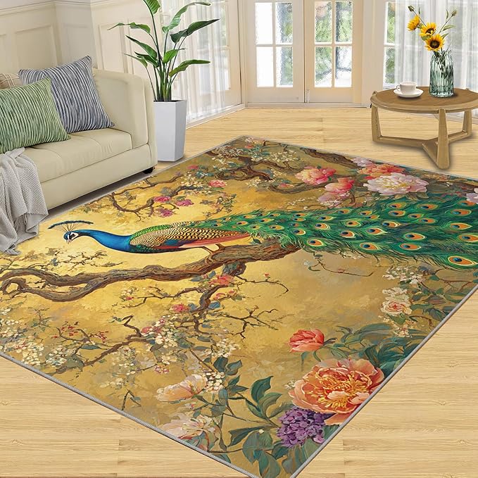 Peacock Peony Rugs for Bedroom - 6x8 Rug, Classic Peacock Peony Area Rugs for Living Room, Oriental Carpet, Floral Plant Washable Area Mat, Aesthetics Carpet - Peafowl Home Decor & Gifts