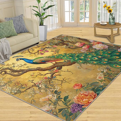 Peacock Peony Rugs for Bedroom - 5x8 Rug, Classic Peacock Peony Area Rugs for Living Room, Oriental Carpet, Floral Plant Washable Area Mat, Aesthetics Carpet - Peafowl Home Decor & Gifts