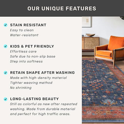 Washable Navy Blue Living Room Rug, 8x10 Area Rug For Bedroom, Dining Room Rugs for Under Table - Low Pile Non-Slip Rubber Backing Stain Resistant Rug - Aethestic Boho Home Decor (8x10 Navy Blue)