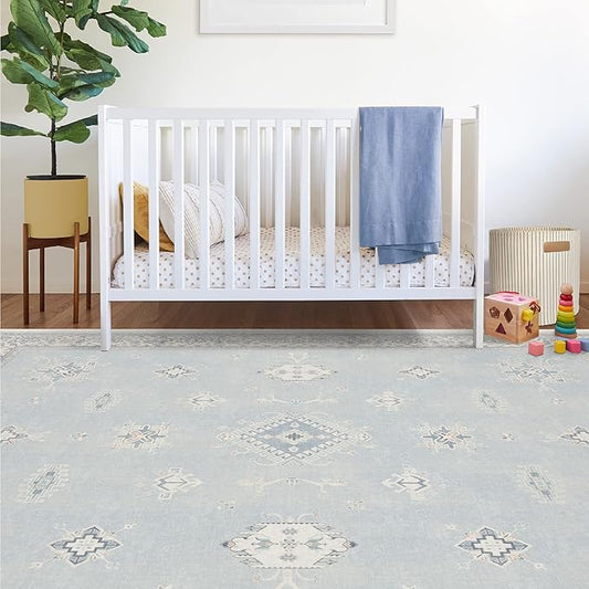 RUGGABLE Washable Vintage Area Rug – Verena Soft Blue 10x14, Stain-Resistant, Non-Slip – Large Machine Washable Rugs for Living Room, Bedroom, Hallway, Entryway & Office–with Standard Pad