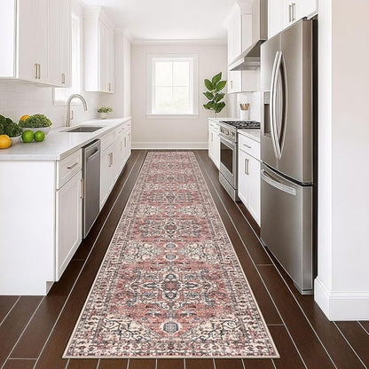 KOZYFLY Runners for Hallways 3x16 Ft Extra Long Washable Faux Wool Thin Hallway Rug Printed Carpet for Entryway Bedroom Staircase Kitchen Laundry Room Floor Decor, Terracotta/Beige