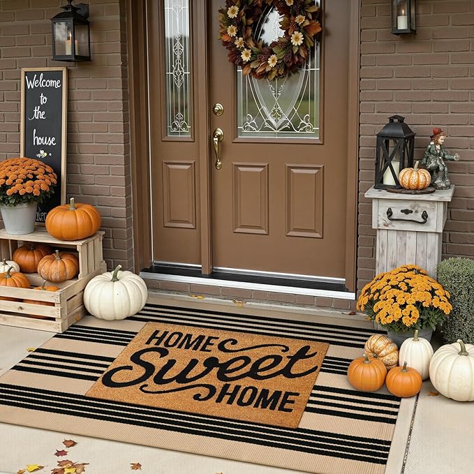 Black and Khaki Striped Rugs 3x5, Outdoor Cotton Hand Woven Front Door Mat,Washable Reversible Layered Door Mats, Foldable Front Porch Rug for Entryway/Home Entrance/Farmhouse