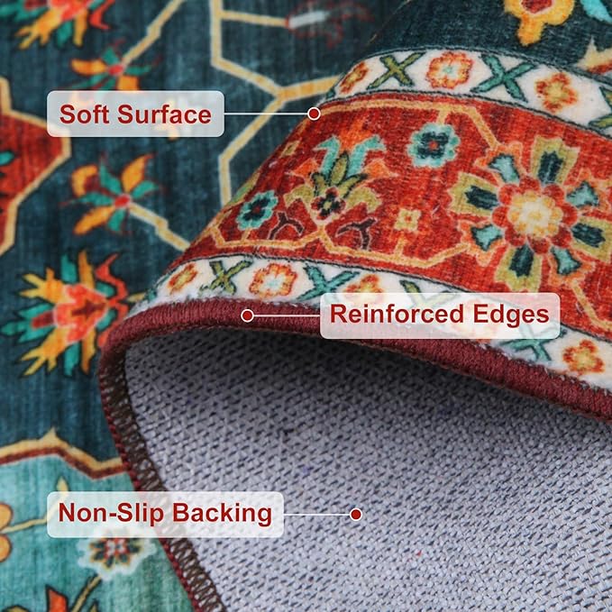 WILLSUN Washable Area Rugs, 8x10 Non-Slip Boho Large Area Rugs for Living Room, Bedroom, Machine Washable Vintage Rug, Indoor Floral Print Carpet for Home Decor, Kid & Pet Friendly Mat