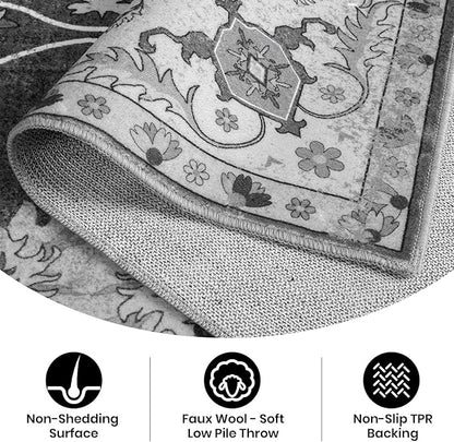 Area Rug 5x7, Washable Faux Wool Throw Rugs for Living Room, 0.3″ Non Slip Low Pile Vintage Boho Carpet for Ding Room, Home Office, Bedroom, Kids Room, Bedside (Black)