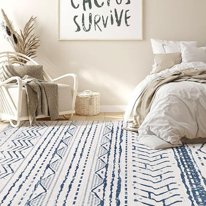 Nakagishi Area Rugs 8x10 Living Room: Washable Boho Large Neutral Soft Farmhouse Rug Stain Resistant Modern Moroccan Non-Slip Indoor Carpet for Bedroom Nursery Kids Playroom Office Dining Room- Navy