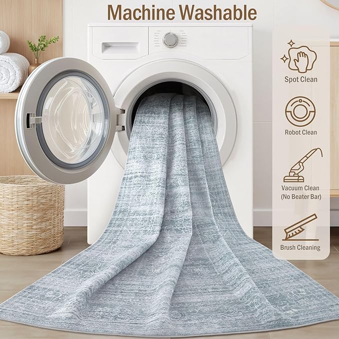 10x14 Area Rugs Living Room: Washable Large Vintage Blue Rug Neutral Non-Slip Soft Stain Resistant Indoor Carpet for Bedroom Nursery Dining Room Under Table Bed Home House Office Playroom