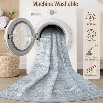 5x7 Area Rugs Living Room: Washable Large Vintage Blue Rug Neutral Non-Slip Soft Stain Resistant Indoor Carpet for Bedroom Nursery Dining Room Under Table Bed Home House Office Playroom