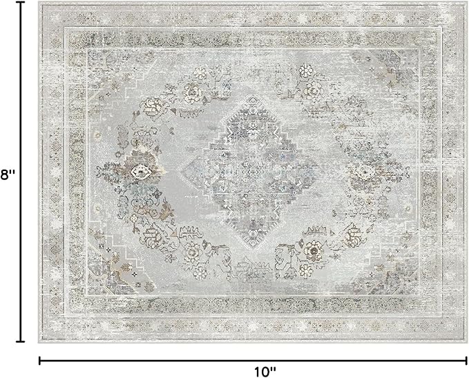 Phantoscope Washable Area Rug 8'x10' Non-Slip, Vintage Neutral Rugs for Living Room, Bedroom, Dining Room, Distressed Boho Medallion Pattern, Low-Pile Foldable Floor Carpet, Silver Grey/Taupe