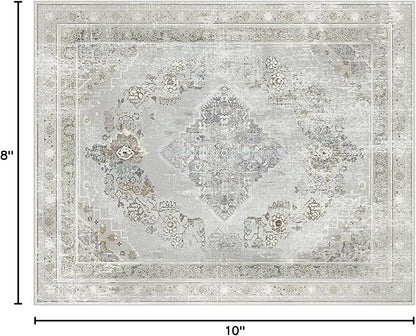 Phantoscope Washable Area Rug 8'x10' Non-Slip, Vintage Neutral Rugs for Living Room, Bedroom, Dining Room, Distressed Boho Medallion Pattern, Low-Pile Foldable Floor Carpet, Silver Grey/Taupe