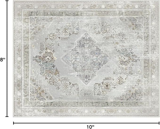 Phantoscope Washable Area Rug 8'x10' Non-Slip, Vintage Neutral Rugs for Living Room, Bedroom, Dining Room, Distressed Boho Medallion Pattern, Low-Pile Foldable Floor Carpet, Silver Grey/Taupe