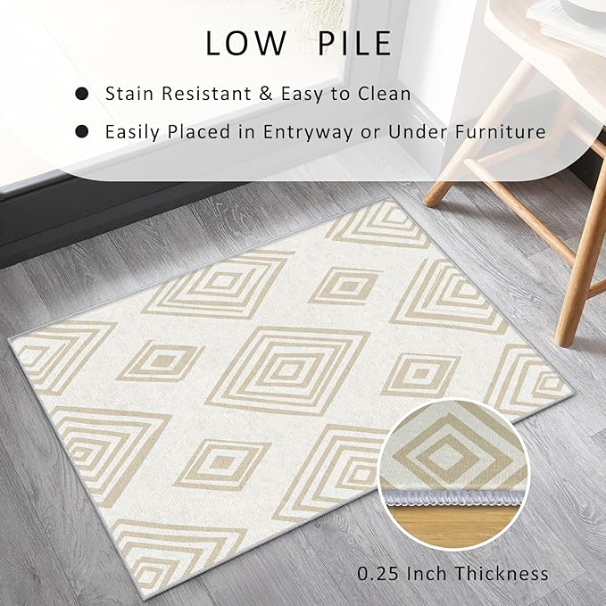 Washable 6x8 Modern Geometric Rug Living Room, Beige Abstract Diamond Design Area Rugs for Bedroom, Modern Geometric Home Decor Carpet, Low Pile, Non Slip, Kids & Pet Friendly (N4184)