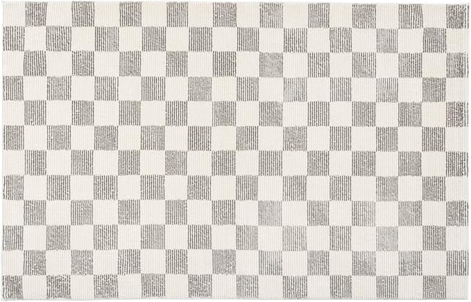 Revival Rugs Gambit 3'11" x 6'1" Checkered Rug Machine Washable Area Rug for Kitchen Bedroom - 100% Recycled Oeko-TEX Certified, Medium Pile, Gray, Beige