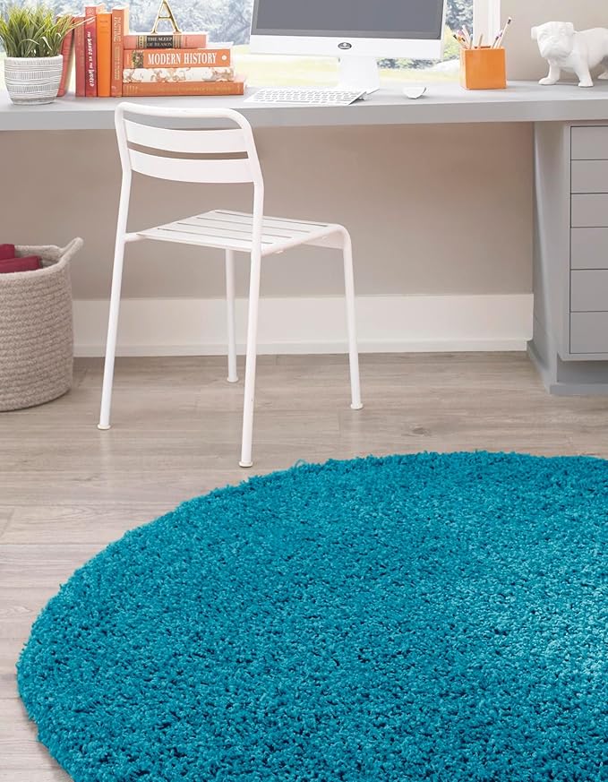 Unique Loom Solid Shag Collection Area Rug (5' 1" Round, Turquoise)