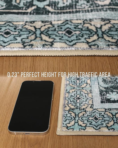 GENIMO 8X10 Area Rugs for Living Room, Machine Washable Vintage Floor Cover Foldable Modern Non Slip Rug, Low Pile Soft Indoor Carpet Floral Print Mat Rug,Bedroom/Dining Room/Home Office,Teal