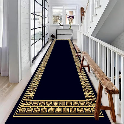 Modern Geometric Meandering Throw Carpet Runner for Entrance, 4x10ft, Orange Geometric Design Carpets for Entryway, Navy Blue Background Cozy Foldable Dirty Resistant Rug for Sofa Office