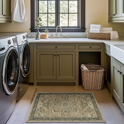 Vintage Distressed 2x3 Kitchen Rugs Washable Non Slip, Moody Medallion Door Mat Indoor Entrance Entryway, Small Low Pile Rugs for Bedroom/Bathroom Vanity/Laundry Room, Multi Brown/Slate Green