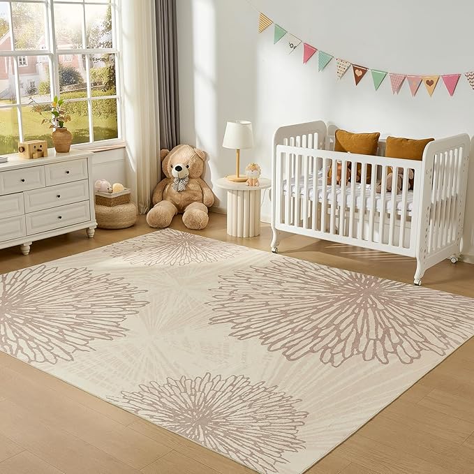 WITSHOCK 7x9 Area Rugs for Living Room: Beige Floral Washable Rugs for Bedroom Dining Room Office Nursery Modern Non-Slip Stain Resistant Low Pile Home Decor（Beige/Brown,7'x9'）