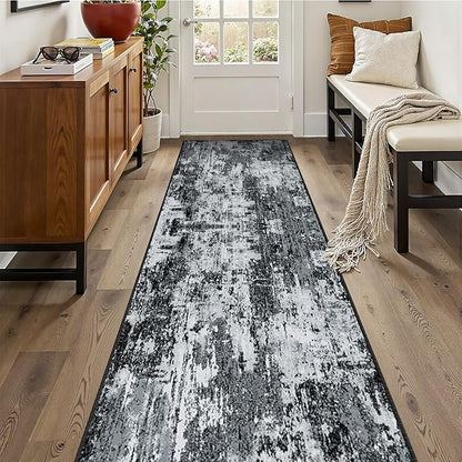 Washable Area Rugs 2'x10' Non-Slip Modern Abstract Soft for Living Room Entryway Bedroom Nursery, Print Pattern, Black Gray