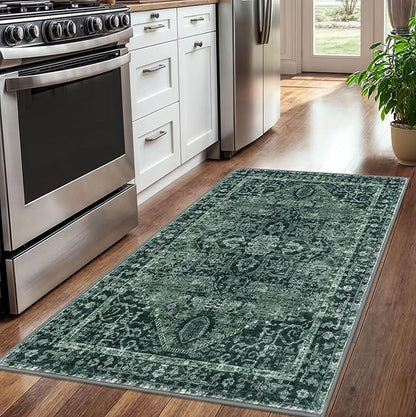 KOZYFLY Boho Area Rug 3x5 Ft Rugs for Entryway Washable Entry Rug Non Slip Door Mat Indoor Entrance Printed Faux Wool Throw Rugs for Entrance Kitchen Living Room, Dark Green