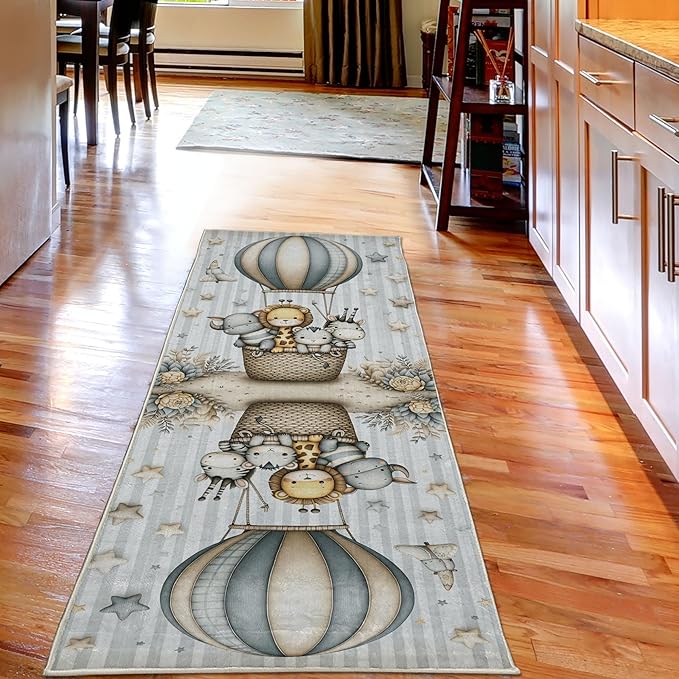 Ambesonne Animals Decorative Rug, Happy Tale of Giraffe Zebra Friends and Starry Night Balloon Striped, Quality Carpet for Bedroom Dorm and Living Room, 2' 5" x 7' 5", Pale Mustard Purpleblue