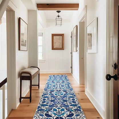 EVERGRACE Hallyway Area Runner Rugs 2x10, Boho Floral Faux Wool Indoor Outdoor Rugs, Washable Rugs for Bedroom Dining Room Living Room Kitchen, Low Pile Floor Mat Carpet for Home Decor, Celtic Blue
