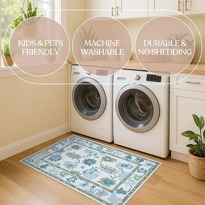 Fame Living Green Oushak Runner Rug, Modern Runners, Vintage, Turkish, Eclectic, Floral, Pastel, Washable, Runner for Hallway, Kitchen, Bedroom, Bathroom, 2'5"x9'8"