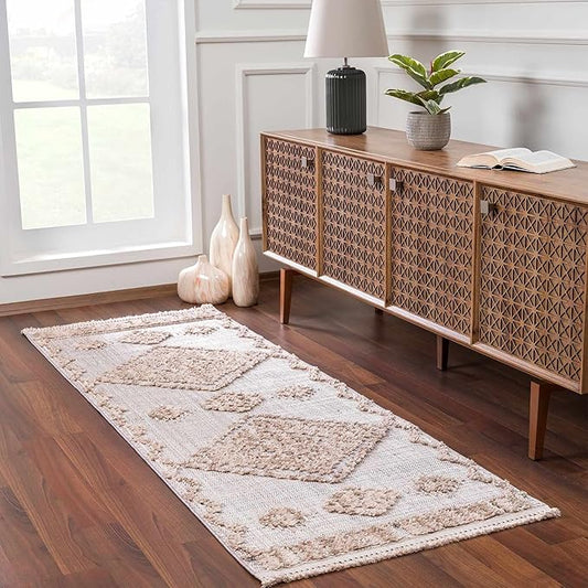 Hauteloom Ampusungan Hallway, Kitchen Runner Rug - Geometric - Charcoal, Cream, Beige - 2'7" x 10'