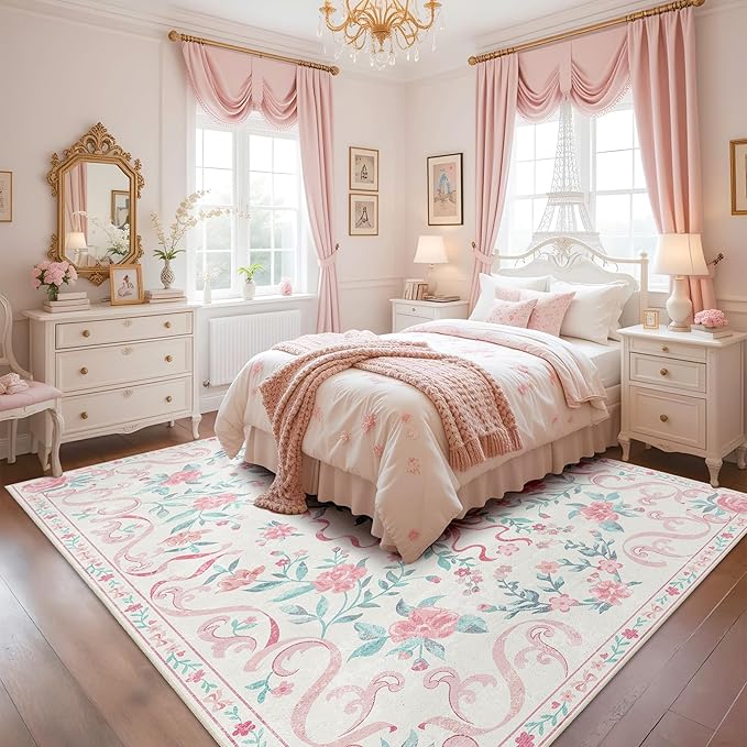 Pink Rug Bow Floral Rug for Girls, 5x7 Washable Area Rugs for Bedroom Living Room, Kitchen,Dining Room,Kids Room, Playroom, Cute Ultra-Thin Non Slip Low Pile Indoor Carpet