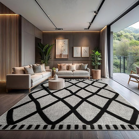 CAMILSON Modern Rug 9x12 Luxury Diamond Pattern Large Micro Loop Area Rugs Soft High-Low Pile Stain Resistant Easy to Clean Non-Shedding Durable Living Room Bedroom Indoor Carpet (Black/Gray)