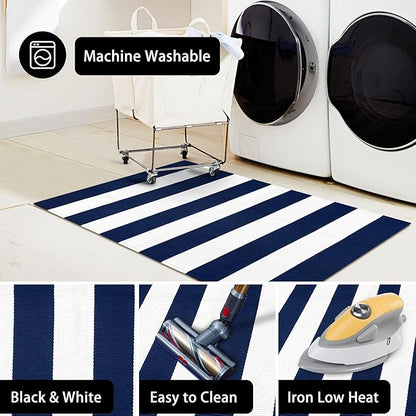 KOZYFLY Striped Outdoor Rug 3x5 Ft Front Door Rug Navy and White Hand Woven Cotton Blue Washable Outdoor Doormats Outdoor Entrance Mat for Front Door Kitchen Entryway Patio Front Porch Decor