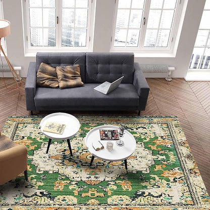 Bohemian Pattern Rectangular Area Rugs for Living Room Bedroom 5 x 6.9 ft Green & Orange Abstract Non-Shedding Soft Low Pile Rug Non Slip Washable Rug for Nursery Entryway Playroom