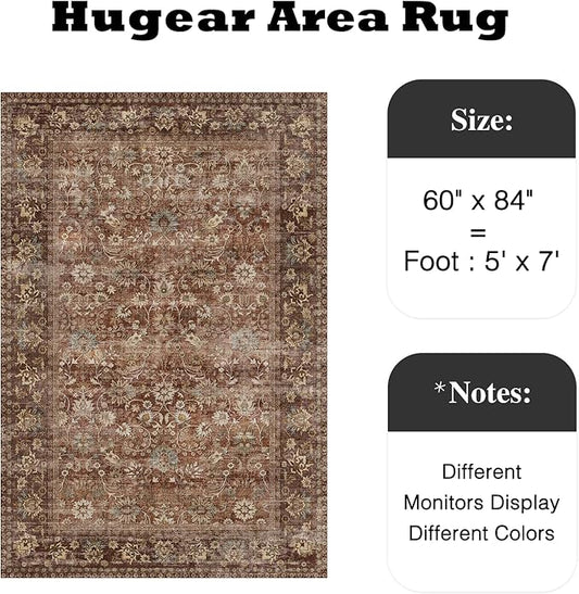 HUGEAR 5x7 Machine Washable Rugs Brick Red Hallway Area Rug Indoor Accent Rug Floral Low Pile Carpet Soft Throw Aesthetic Rug Bedroom Living Room Office Dining Room Kitchen Laundry Room Non Slip