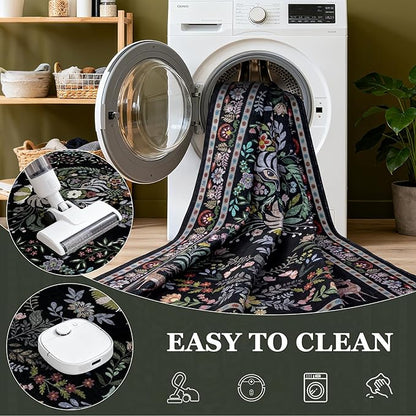 6x9 Area Rugs Living Room Rug: Vintage Washable Rug Floral Soft Carpet Indoor Floor Non-Slip Boho Stain Resistant Large Carpets for Bedroom Kids Nursery Dining Room Farmhouse Home Office Black