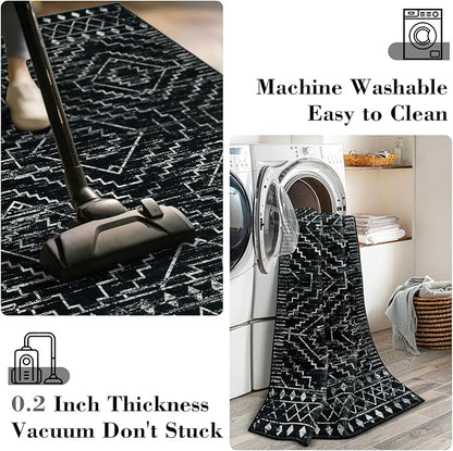 Wonnitar Moroccan 3x5 Rug, Black Washable Small Rug for Bedroom, Non-Slip Geometric Tribal Entry Throw Mat, Boho Farmhouse Rustic Soft Low Pile Area Rug for Bathroom Dining Guest Room (Black,3'x5')