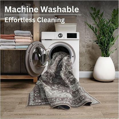 Bloom Rugs Washable Non-Slip 10 ft Runner - Dark Brown Traditional Medallion Runner for Entryway, Hallway, Bathroom, and Kitchen - Exact Size: 2.5' x 10'
