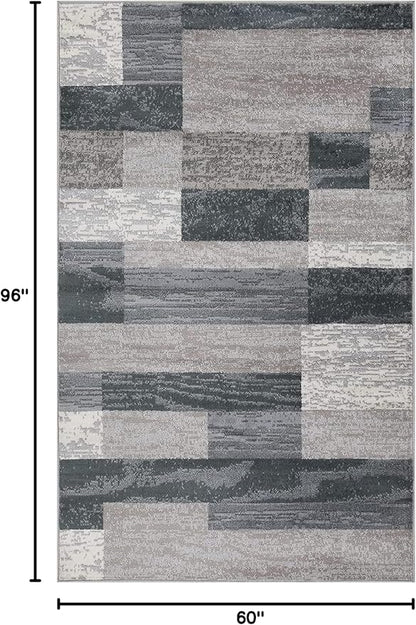 SUPERIOR Indoor Area Rug, Jute Backed, Modern Geometric Patchwork Floor Decor for Bedroom, Office, Living Room, Entryway, Hardwood Floors, Rockwood Collection, 5' x 8', Blue-Taupe