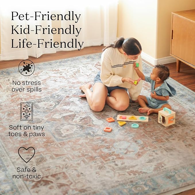 RUGGABLE Washable Vintage Area Rug – Verena Amber Red 4x6, Stain-Resistant, Non-Slip – Medium Machine Washable Rugs for Living Room, Bedroom, Hallway, Entryway & Office–with Standard Pad