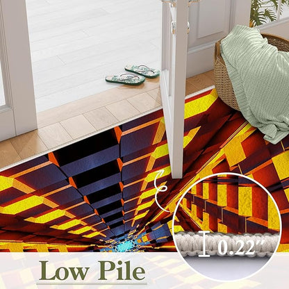 3D Abstract Grid Area Rug, 5x7ft, Visual Illusion Realistic Cave Indoor Carpets, Orange Three Dimensional Pattern Floor Mat, Easy Clean Breathable Washable Rugs for Indoor Family