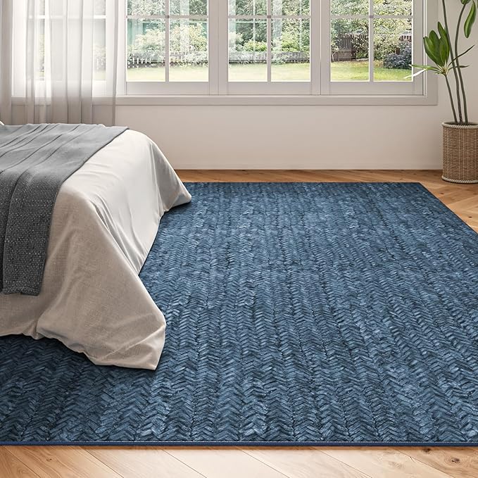 Eleisa Modern Vintage 9x12 Herringbone Chevron Area Rug, Non-Slip Stain Resistant Washable Rug, Blue Large Rug for Living Room, Farmhouse Carpet for Bedroom, Kitchen, Dining Room, Home Office