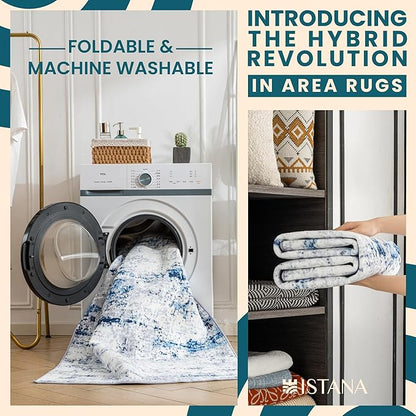 Istana Living Room Rug 10x14 - Blue/White 10 x 14 Area Rug - Foldable Machine Washable Area Rugs 10x14 - Stylish 10x14 Area Rugs Boho - Stain Resistant Washable Rug 10x14