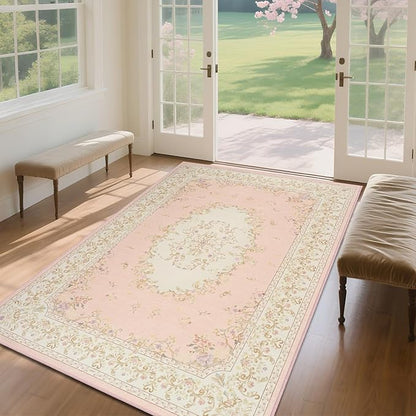 Nursery Rug for Baby Girl, Cute Pink 4x6 Area Rugs for Bedroom Non Slip, Floral Washable Soft Faux Wool Carpet for Living Room Dorm Kids Playroom Office Kids Playroom